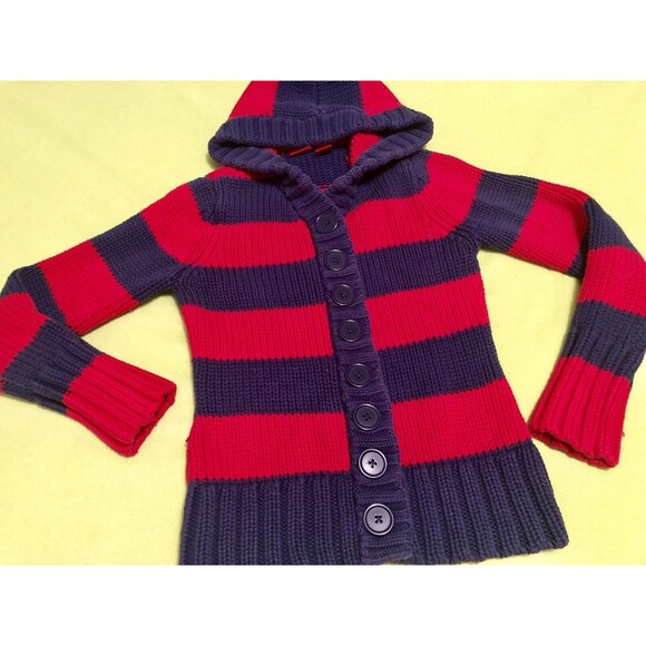 Mossimo Red & Navy Striped Knit Sweater Hoodie Jacket Large L Women’s Juniors - Picture 1 of 4
